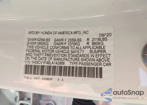 2020 Honda Accord Ex z USA, uszkodzony, nr VIN 1HGCV1F48LA142868